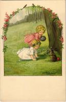 Easter greeting art postcard with girls and rabbit. August Rökl Nr. 1324. litho s: Pauli Ebner