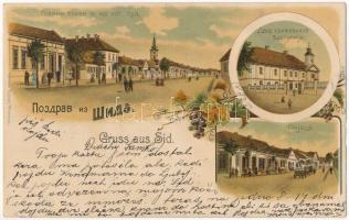 1901 Sid, Fő utca, templom, tér / church of the Krizevci diocese, square, shops. Ottmar Zieher Art Nouveau, floral, litho (fa)