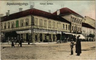 1915 Sepsiszentgyörgy, Sfantu Gheorghe; Városi bérház, Bikfalvi István üzlete, Városi nagy szálloda, városháza / town hall, grand hotel, shop