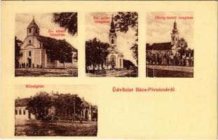 Pincéd, Bács-Pivnica, Pivnice; Evangélikus német templom, Evangélikus szláv templom, Görögkeleti (ortodox) templom, községháza. Mirkovity Bogdan kiadása / Lutheran churches, Orthodox church, town hall