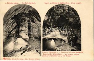 Deménfalu, Demanová (Liptószentmiklós, Liptovsky Mikulás); Üdvözlet a deményfalvi jégbarlangból. Jégcsap, Lépcső az étterem és jégkamrához, nagy cseppkő, Herkules oszlop. Feitzinger Ede Ps. 662. 1904-14. / Demanovská ladová jaskyna / ice cave interior