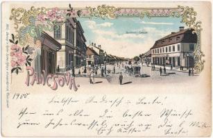 1899 (Vorläufer) Pancsova, Pancevo; Gromon utca, üzlet. Kohn Samu kiadása / Gromon-Gasse / street view, shop. Art Nouveau, floral, litho (EK)