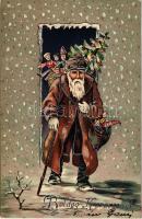 1905 Boldog Karácsonyt! / Christmas greeting art postcard with Saint Nicholas and gifts. Emb. litho (apró lyuk / tiny pinhole)
