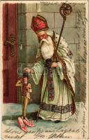 1913 Boldog Karácsonyt! / Christmas greeting art postcard with Saint Nicholas. Emb. litho (lyukak / pinholes)