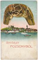 Pozsony, Pressburg, Bratislava; Schwappach Ágost Pozsonyi Patkó reklámlap, pozsonyi kiflis üdvözlőlap / greeting card with walnut croissant, advertisement (EK)