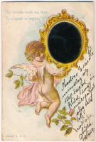 1901 Kis tükröcske, mondd meg bátran ki a legszebb az országban. Angyalkás üdvözlőlap valódi tükörrel / Greeting art postcard with real mirror. Patent L.D.F. litho (EB)