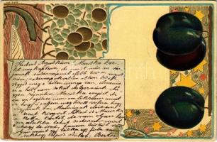 1904 Art Nouveau Emb. litho greeting card with plums (lyuk / pinhole)