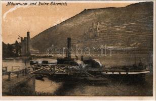 Hesse, Mäuseturm und Ruine Ehrenfels / castle ruins, steamship