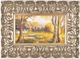 Máthé Márk Eduárd (1967-): Lajosmizse - tájkép. Olaj, farost, jelzett. Dekoratív, kissé sérült fa keretben, 15×25 cm