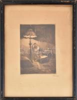 Gimes Lajos (1886-1945): Interieur. Rézkarc, papír, foltos, üvegezett keretben, 17×13 cm