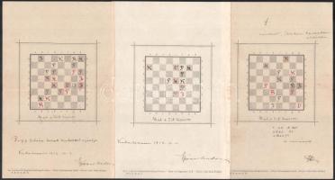 1913-1914 Sakkfeladványok, 3 db, kézzel írt levéllel