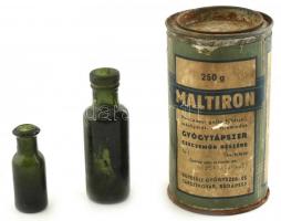 cca 1940-50 3 db gyógyszerész tétel: Maltiron, kopott, horpadt, 2db patikaüveg, kopott, m:6,5-10,5cm
