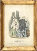 cca 1880-90 Modes de Paris, divat metszet, színezett litográfia, üvegezett keretben, 21,5x15cm