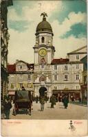 Fiume, Rijeka; Torre Civica, Farmacia / clock tower, pharmacy / gyógyszertár. Divald Károly 2091-1909. (fl)