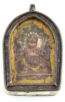Tibeti amulett üvegezett fém keretben, festett cserép istenség Hayagriva, m: 6 cm