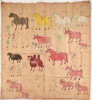 Tibeti festett állatokat ábrázoló vászon, 88×86 cm