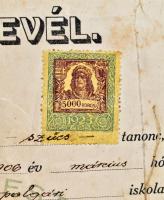 1924 Bp., szűcs segédlevél, 5000 K okmánybélyeggel, sérült, foltos