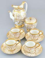 Slakov (Schlaggenwald) J.J. Lippert & V. Haas jelzett 4 személyes teás készlet, aranyozott porcelán, erősen kopott, sérült, XIX. század első harmada. (4db csésze aljjal, kanna, cukortartó)