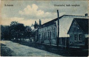 1921 Soborsin, Savarsin; utca részlet, Római katolikus templom / street view, Catholic church (fl)