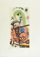 Joan Miró (1893-1983): Offszet-litográfia. papír. Sorszámozott, nyomtatott jelzéssel 32/150 Aviomar SPA tanusítvánnyal. Alja megázott, hullámos. 76x56 cm képméret 56x28 cm / got wet at lower part.