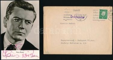 Hans Reiser (1919-1992) német színész autográf aláírása és dedikációja saját magát ábrázoló fotólapon, boríték mellékelve, mindkettő albumlapba helyezve, de nem beragasztva / Hans Reiser autograph signature