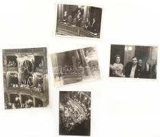 cca 1930-1940 Magyar Királyi Operaházban készült fotók, 5 db, az egyiken Horthy Miklós kormányzóval, egy másikon Gömbös Gyulával, a hátoldalakon részben feliratozva, Foto Bojár, Foto Orelly 2 db Europa Riport Vállalat, valamint 1 db Szőllőssy Kálmán bélyegzésekkel., 17x12 cm és 23x17 cm közötti méretben