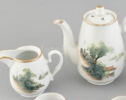 Kínai 4 személyes mokkás készlet, matricás porcelán, kopott