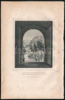 cca 1860 Ludwig Rohbock (1820-1883) - J. M. Kolb: Kilátás a Várkapuból Budán. Blick durchs Burgthor in Ofen, Pest, Lauffer és Stolp, acélmetszet, papír, jelzett a dúcon, kissé foltos, 13x10,5 cm