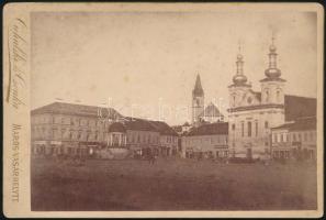 cca 1880 Marosvásárhely főtere, keményhátú fotó Ciehulski és Csonka műterméből, hátoldalon feliratozva, 10,5×16,5 cm / Târgu Mures