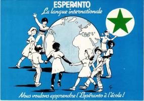 Esperanto. La Langue internationale. Nous voulons apprendre lEsperanto a lecole! / Esperanto - The International Language. We want to learn Esperanto at school! Esperanto propaganda art postcard (modern)