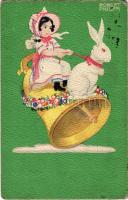 1916 Easter greeting art postcard, girl with rabbit and bell. B.K.W.I. 4638-4. s: Robert Philippi (kopott sarkak / worn corners)