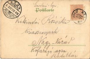 1899 (Vorläufer) Christmas greeting art postcard with Saint Nicholas, gifts and children. D.R.G.M. l...