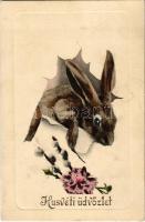 1911 Húsvéti üdvözlet / Easter greeting art postcard with rabbit (kis szakadás / small tear)