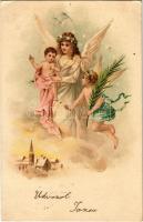 1900 Greeting art postcard with angel. litho (EK)