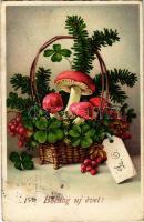 1937 Boldog Újévet! / New Year greeting art postcard, mushrooms and clovers (EK)