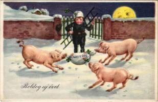 1941 Boldog Újévet! / New Year greeting art postcard, chimney sweeper with pigs and a bag of money. ERIKA Nr. 6208. (EK)