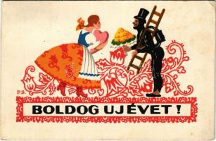 1925 Boldog Újévet! / New Year greeting art postcard, Hungarian folklore, chimney sweeper with lady. Rigler r.-t. R.J.E. s: P. S. (EK)