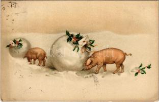 1925 New Year greeting art postcard, pigs rolling snowballs. August Rökl Nr. 916. litho (EK)