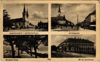 Vác, Szentháromság tér, Piarista templom, Széchenyi utca, Duna-parti sétány, M. kir. postahivatal (fa)