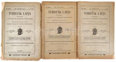 1907 Turisták Lapja XIX. évf. 1-4., 5-7. és 8-10. sz., 1907. ápr. 30.-okt. 31. Szerk.: Dr. Téry Ödön, Petrik Lajos. Bp., Hornyánszky Viktor cs. és kir. udvari könyvnyomdája, 220 p. Kiadói papírkötés, sérült, kissé hiányos borítókkal, részben felvágatlan lapokkal.