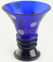 Parádi kék váza, zománc festett, mintákkal, jelzett, kopásnyomokkal, m:17cm