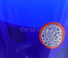 Parádi kék váza, zománc festett, mintákkal, jelzett, kopásnyomokkal, m:17cm