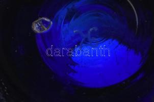 Parádi kék váza, zománc festett, mintákkal, jelzett, kopásnyomokkal, m:17cm