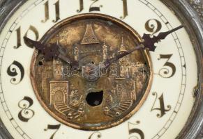 Szecessziós fali óra, mechanikus szerkezettel nem működik, kopott, sérült, 54x38cm