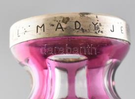 Ezüst (Ag) peremű rózsaszín kristály váza, vésett felirattal, jelzett, kopott, m:11cm