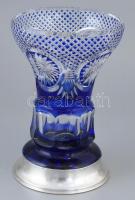 Ezüst (Ag) talpú kék kristály váza, hibátlan, jelzett, m:24cm
