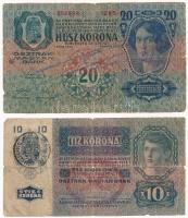 1912-1915. 10K + 20K + 50K + 100K több közülük felülbélyegzéssel T:III,III- folt, szakadás, anyaghiá...