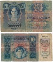 1912-1915. 10K + 20K + 50K + 100K több közülük felülbélyegzéssel T:III,III- folt, szakadás, anyaghiá...