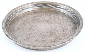 Kerek tálca, ezüstözött, áttört motívummal, jelzett, kopott, d:39cm