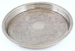 Kerek tálca, ezüstözött, áttört motívummal, jelzett, kopott, d:39cm